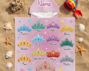 Personalized Princess Crown Hooded Towel, Disney Friends Kids Beach Towel, Preppy Pattern Hooded Towel, Summer 2026 Beach Gift