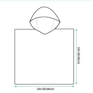 K&ouml;nnte beinhalten: Ein wei&szlig;es Kinderhandtuch mit Kapuze und Allover-Print. Das Handtuch ist quadratisch und misst 60,96 cm auf jeder Seite. Die Kapuze befindet sich oben. Der Text "ALL-OVER PRINT KID HOODED TOWEL" steht oben.