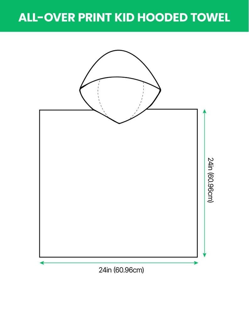 K&ouml;nnte beinhalten: Ein wei&szlig;es Kinderhandtuch mit Kapuze und Allover-Print. Das Handtuch ist quadratisch und misst 60,96 cm auf jeder Seite. Die Kapuze befindet sich oben. Der Text "ALL-OVER PRINT KID HOODED TOWEL" steht oben.