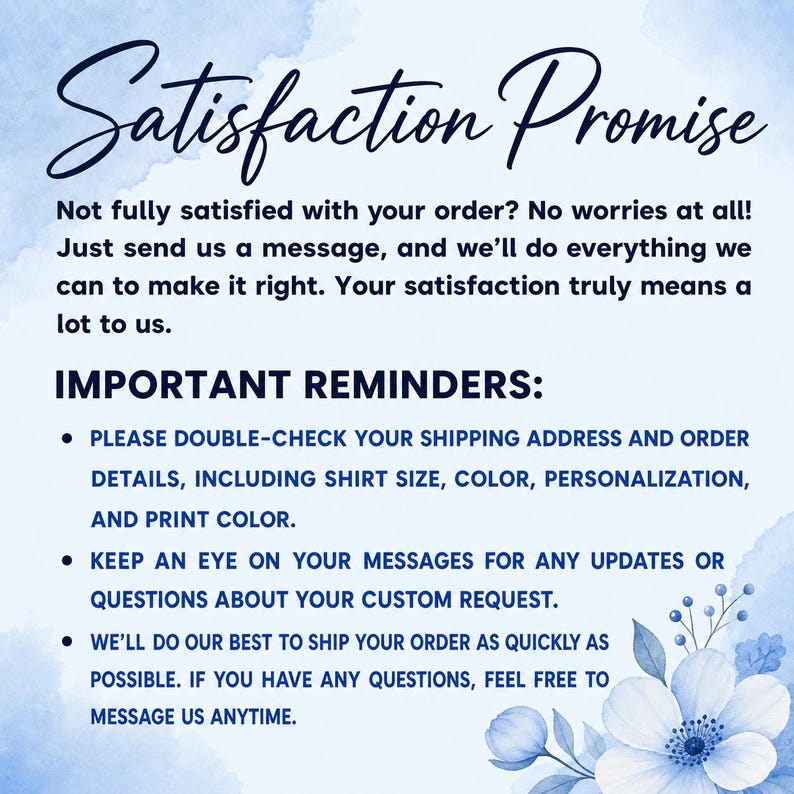 K&ouml;nnte beinhalten: Blau-wei&szlig;e Grafik mit den Worten "Satisfaction Promise" in eleganter Schrift. Der Text betont die Kundenzufriedenheit und gibt Hinweise zu Bestelldetails und Versand.