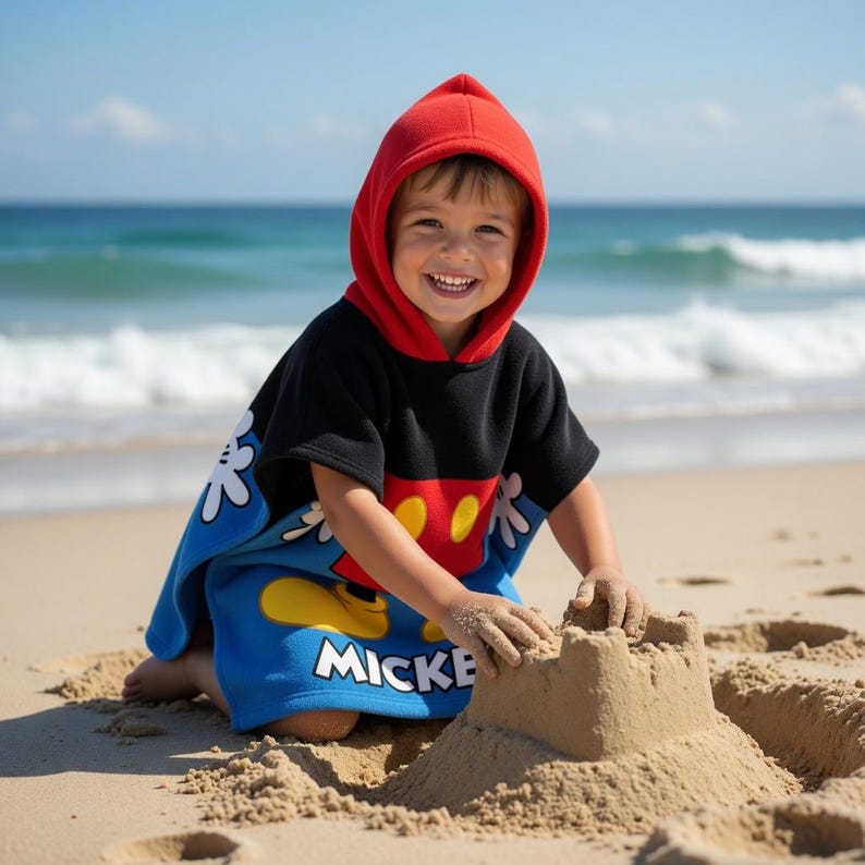 K&ouml;nnte beinhalten: Ein Kind tr&auml;gt einen roten Mickey Mouse Strandtuch-Poncho mit Kapuze und spielt an einem Sandstrand. Der Poncho ist schwarz mit einem roten und gelben Mickey Mouse-Design auf der Vorderseite und blauen Akzenten. Das Wort "MICKEY" ist sichtbar.