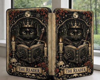 Svart katt Tarot Kindle-fodral Paperwhite 11:e 12:e generationen, Läsarens kortfodral, gotisk häxkattpresent, mörk akademi, bokälskarpresent