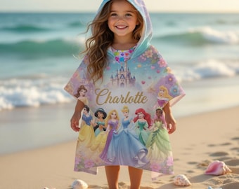 Personalized Princess Disney Hooded Towel for Kids, Custom Name Princess Beach Towel, Toddler Pool Wrap, Birthday Gift for Little Girls