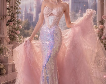 Abito da sirena rosa fatato iridescente con strascico in tulle – Abito da sogno di alta moda, abito da sera da favola, abito da ballo di fine anno, realizzato su misura