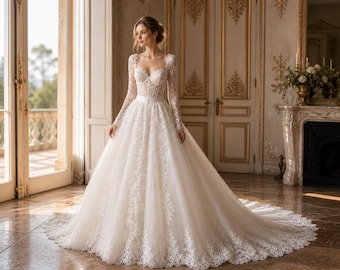Detachable Lace Wedding Dress – Long Sleeve Ball Gown, Ceremony Reception Convertible Ivory