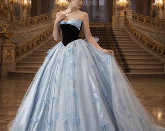 Ice Blue Ball Gown – Black Velvet Corset, Floral Tulle Skirt, Couture Evening Dress