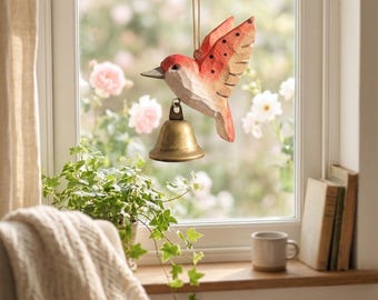 Carillon éolien Robin en bois sculpté à la main avec cloche en laiton | Cadeau rustique pour amoureux des oiseaux | Cadeau de fête des mères pour maman | Décoration souvenir grand-mère