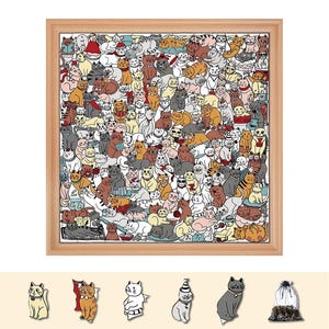 May include: A framed puzzle featuring a dense, colorful illustration of numerous cats in various poses and activities. Below the frame are five individual cat stickers and a small drawstring bag containing puzzle pieces for assembly.