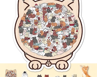Katvormige houten puzzel, schattige katten legpuzzel voor volwassenen, kattenliefhebber cadeau, unieke dierenpuzzel, uitdagend familiespel