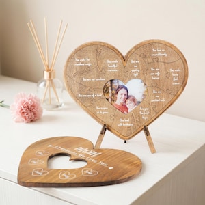 May include: A wooden heart-shaped photo frame with a stand, featuring a central photo and puzzle pieces with loving phrases. A matching heart-shaped coaster with the text "Mom 12 Reasons We Love You" is also present. The frame is made of light brown wood.