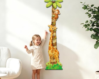 Personalized Giraffe Monkey Growth Chart, Custom Wooden Kids Height Ruler, Jungle Nursery Wall Decor, Baby Shower Gift