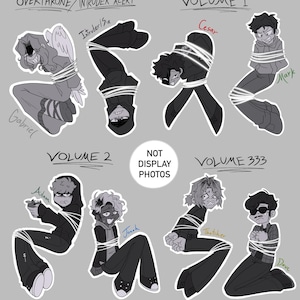 May include: A grayscale digital illustration featuring several figures bound with rope. Text includes "OVERTHRONE/INTRUDER ALERT," "VOLUME 1," "VOLUME 2," and "VOLUME 333." Each figure is labeled with a name, such as "Gabriel," "Intruder/Six," "Cesar," "Adam," "Jonah," "Mark," "Thatcher," and "Dave."