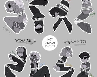 May include: A grayscale digital illustration of multiple figures tied up with rope. Text includes "OVERTHRONE/INTRUDER ALERT," "VOLUME 1," "VOLUME 2," and "VOLUME 333." Each figure is labelled with a name, such as "Gabriel," "Intruder/Six," "Cesar," "Adam," "Jonah," "Mark," "Thatcher," and "Dave."