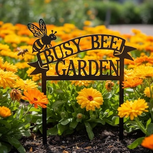 Busy Bee Garden Stake - Metal Bumblebee Garden Sign - Decorative Vegetable Patch Marker - Gardener Gift - Honey Bee Outdoor Decor
