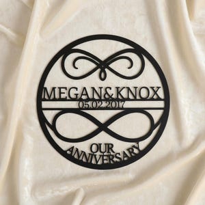 Può includere: Targa di anniversario in metallo nero con i nomi "Megan & Knox" e la data "05.02.2017" in un design circolare. Le parole "Our Anniversary" e simboli dell'infinito.