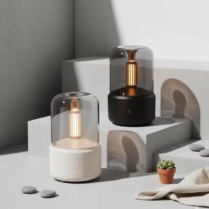 Pu&ograve; includere: Due moderne lampade da tavolo con paralume cilindrico in vetro e luce calda. Una lampada &egrave; bianca, l'altra nera. Sono posizionate su una superficie bianca, con una piccola pianta in vaso e pietre.