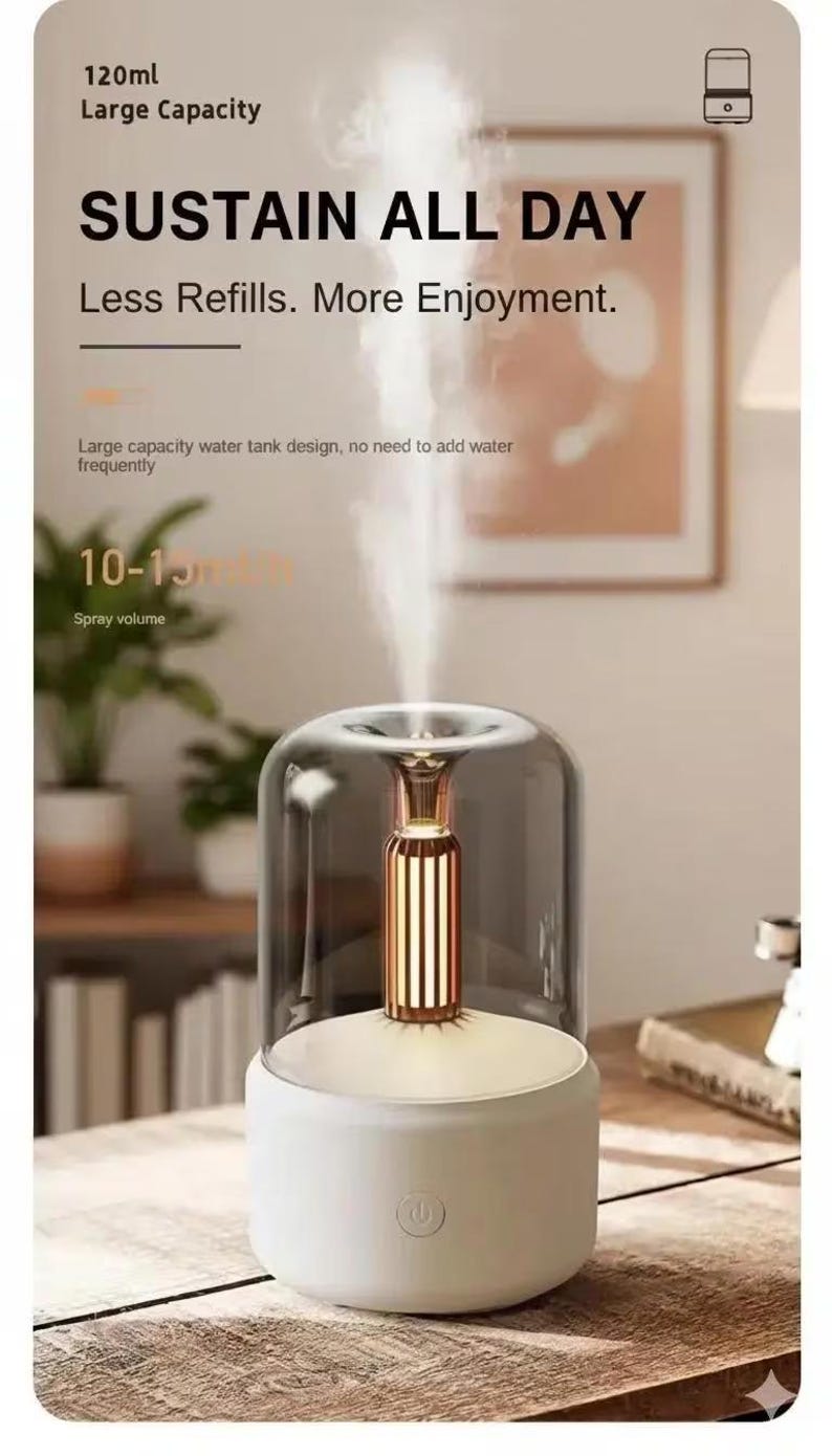 Pu&ograve; includere: Un umidificatore d'aria bianco e trasparente con dettagli dorati. Il dispositivo ha un design del serbatoio dell'acqua di grande capacit&agrave;, come indicato nel testo. Il testo sul dispositivo recita "SUSTAIN ALL DAY" e "Less Refills. More Enjoyment."