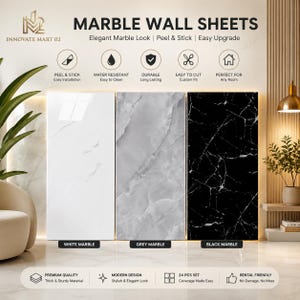 Könnte beinhalten: Drei rechteckige Wandpaneele mit weißen, grauen und schwarzen Marmormustern. Der Text lautet MARBLE WALL SHEETS, INNOVATE MART 02, und enthält Symbole für peel and stick, water resistant, durable, easy to cut und 24 pcs set.