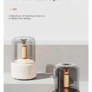 Pu&ograve; includere: Due lampade a luce ambientale con coperchi trasparenti e arrotondati. Una lampada ha una base bianca, l'altra una base nera. Le lampade hanno una luce interna dorata. Il testo sull'immagine recita "ELEVATE YOUR MOOD Find Your Perfect Light."