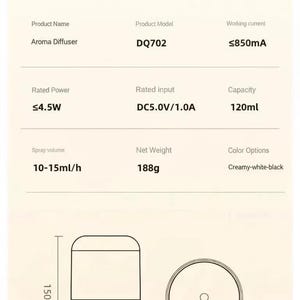 Pu&ograve; includere: Diffusore di aromi, modello DQ702, con una capacit&agrave; di 120 ml. Il dispositivo &egrave; bianco crema e nero, con dimensioni di 9,5 cm x 9,5 cm x 15 cm. Ha un volume di spruzzo di 10-15 ml/h e pesa 188 g.