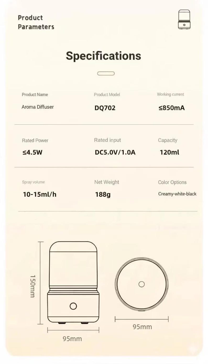 Pu&ograve; includere: Diffusore di aromi, modello DQ702, con una capacit&agrave; di 120 ml. Il dispositivo &egrave; bianco crema e nero, con dimensioni di 9,5 cm x 9,5 cm x 15 cm. Ha un volume di spruzzo di 10-15 ml/h e pesa 188 g.