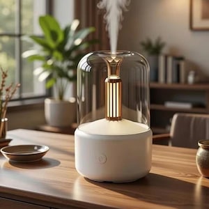 May include: A white and clear essential oil diffuser with a gold-colored interior and a glass dome. The diffuser is emitting a stream of vapor. The device is on a wooden table, with a power button on the front.