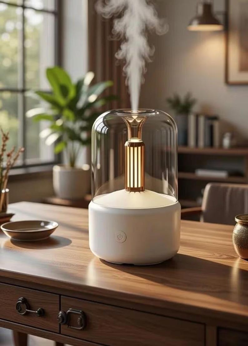 Pu&ograve; includere: Diffusore di oli essenziali bianco e trasparente con interno color oro e cupola di vetro. Il diffusore emette un flusso di vapore. Il dispositivo &egrave; su un tavolo di legno, con un pulsante di accensione sul davanti.