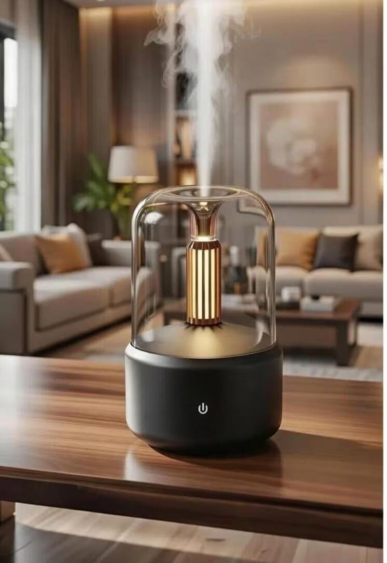 Pu&ograve; includere: Un diffusore di oli essenziali nero e oro con una cupola di vetro. Il diffusore ha un interno cilindrico dorato e un pulsante di accensione. Il vapore bianco sale dall'alto, suggerendo che &egrave; in funzione. Il dispositivo &egrave; posizionato su una superficie di legno.