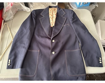 Vtg JcPenney Blue Topstitch Blazer With Polka Dot Inside L 70s