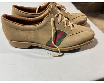 Women's Vintage Bowling Shoes Beige With Green And Red Stripes EUC