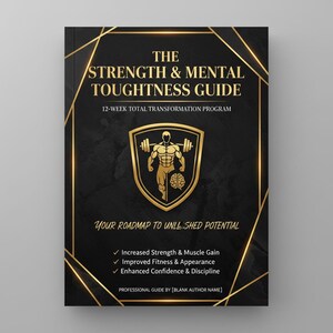 Könnte beinhalten: Buchcover mit schwarzem Hintergrund und goldenen Akzenten. Der Titel lautet "The Strength & Mental Toughness Guide". Eine goldene Schildgrafik zeigt einen Gewichtheber und ein Gehirn. Der Text enthält "12-week total transformation program."