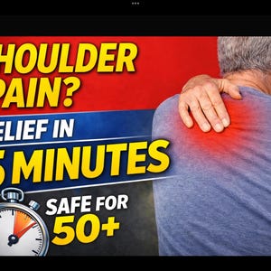 May include: Image with text: "SHOULDER PAIN? RELIEF IN 5 MINUTES SAFE FOR 50+". A person touches their shoulder, which is highlighted in red. A stopwatch is in the lower left corner.