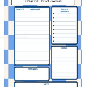 Può includere: Un pianificatore di revisione degli esami stampabile con uno sfondo a scacchi blu e bianco. Il pianificatore include sezioni per materie, date degli esami, argomenti trattati, note, promemoria e una sezione note. Il testo recita "Exam Revision Planner".