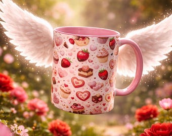 Custom Personalized Coffee Mug - Cute Valentine's Day Gift, Watercolor Sweets Pattern