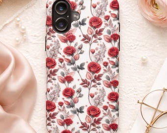 Custodia per iPhone con motivo floreale / Motivo a rosa rossa / Custodia protettiva floreale per iPhone