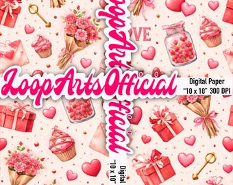 Motivo senza cuciture d'amore - Download digitale PNG 10 x 10 Design a sublimazione (motivo floreale, motivo cupcake, motivo scatola regalo, sfondo a cuore)