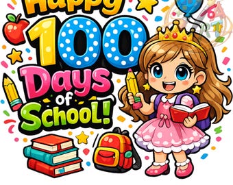 Buon 100 giorni di scuola PNG, divertente design pop cartoon per i 100 giorni, grafica digitale per maglietta principessa per il 100° giorno di scuola