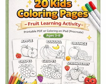 Pagine da colorare per bambini - PDF stampabile / Libro da colorare di frutta / Attività educativa per la scuola materna