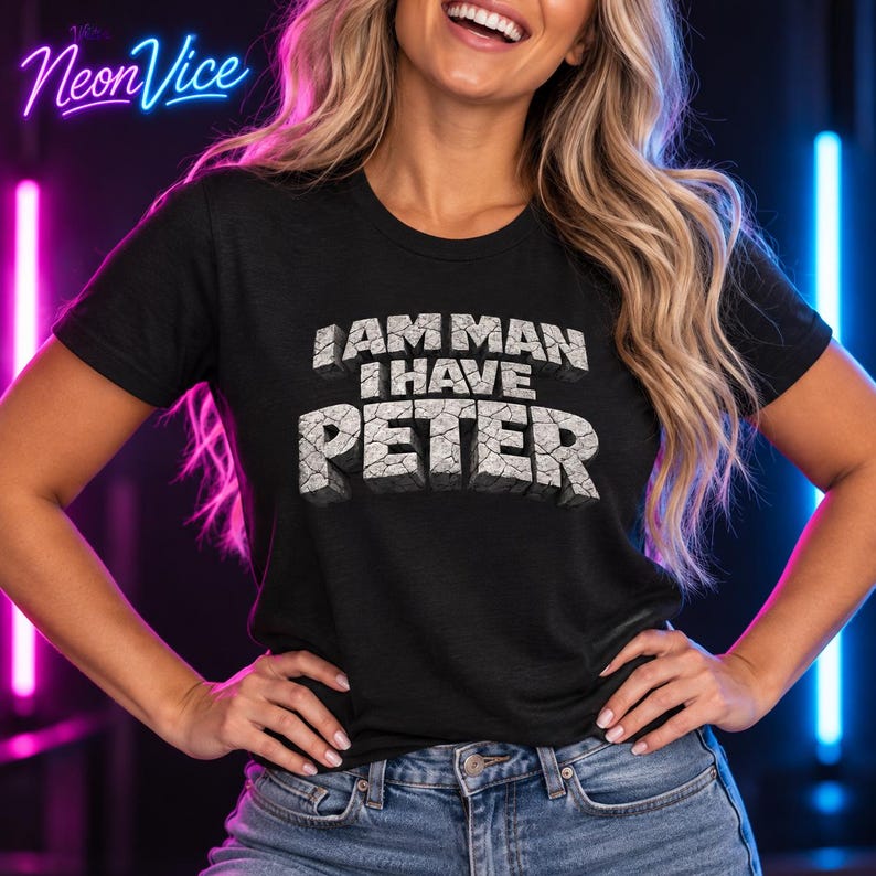 Funny Men's Graphic T-Shirt - Cracked Gray Stone 3D Typography 'I Am Man I Have Peter image 6