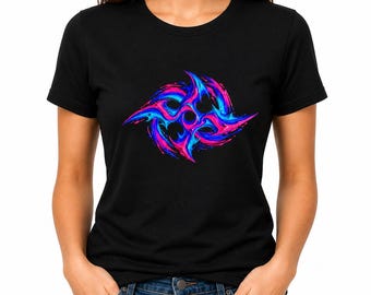 T-shirt futuristica Y2K astratta neon tribale / Design vorticoso blu elettrico e rosa acceso