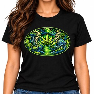 Camiseta con estampado psicodélico de marihuana: hoja verde neón, bong y setas alucinógenas.
