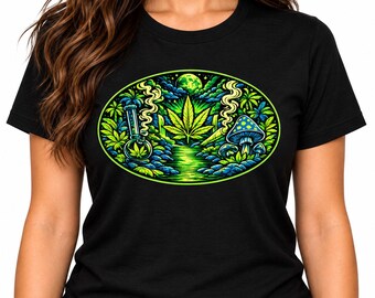Maglietta con grafica psichedelica a tema cannabis: foglia verde neon, bong e funghi allucinogeni.