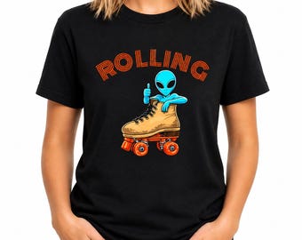 Retro Alien Roller Skating Tee | 80s Vibe with Blue Alien & Tan Quad Skates