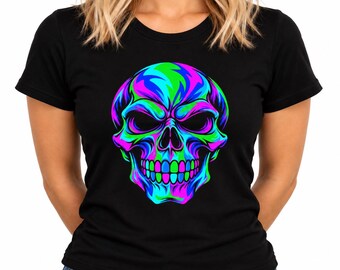 Maglietta con teschio psichedelico al neon / T-shirt grafica retrò verde elettrico, blu, ciano e rosa