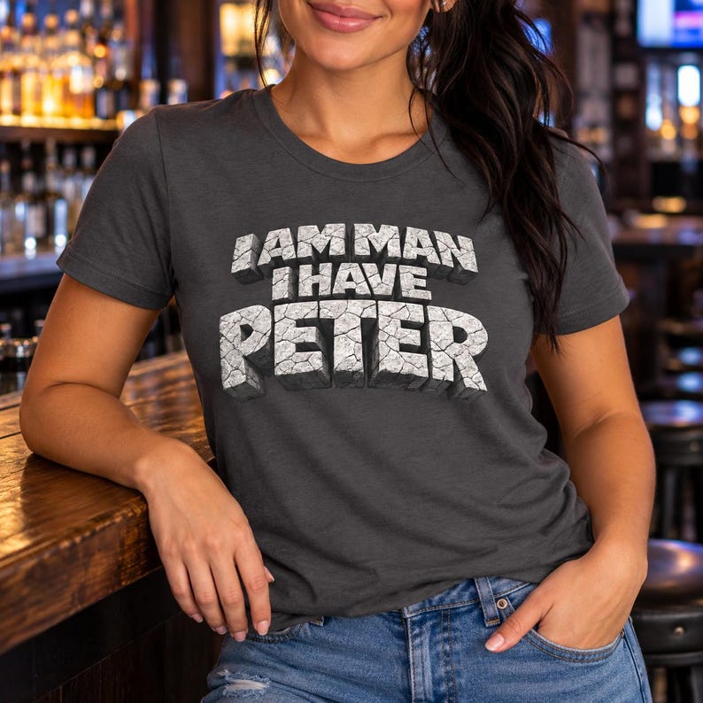 Funny Men's Graphic T-Shirt - Cracked Gray Stone 3D Typography 'I Am Man I Have Peter image 3