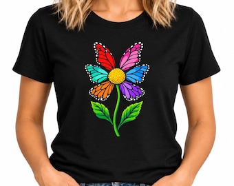 Maglietta con grafica fantasiosa di farfalla e fiori colorati / Petali arcobaleno e foglie verdi