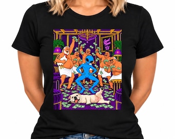 Divertente maglietta blu a tema alieno per feste: design con vecchietti, bulldog e soldi volanti