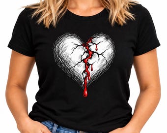 T-shirt gotica con cuore spezzato / Illustrazione a linee nere con gocce di sangue rosso