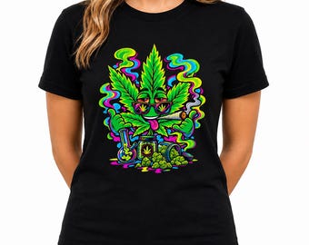 Maglietta colorata psichedelica con motivo a foglia di marijuana al neon, occhiali da sole e spinello.