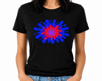 T-shirt audace con grafica astratta retrò a schizzi di vernice nei colori blu royal, rosso e viola.